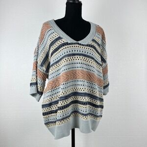 Open Knit Boho Sweater XL Dusty Blue Chevron Stripe Slouchy Lightweight Pullover